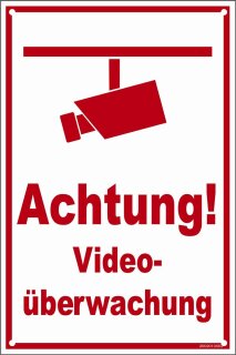 Schild 30 x 20 cm - Achtung! Videoüberwacht - mit 4 Bohrlöchern (4mm) in den Ecken Videoüberwachung Aluminiumverbundplatte