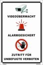 Warnschild 45 x 30 cm  - Videoüberwacht, Alarmgesichert, Zutritt für Unbefugte verboten -  mit 4 Bohrlöchern stabile Aluminiumverbundplatte