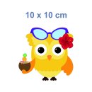 Fun Aufkleber – Gelbe Eule mit Sonnenbrille & Drink, wetterfest (10 x 10 cm)