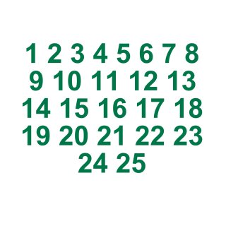Selbstklebende fortlaufende Klebezahlen Zahlenaufkleber Aufkleber Zahlen wetterfest: 1 bis 25 (1 cm hoch, in grün)