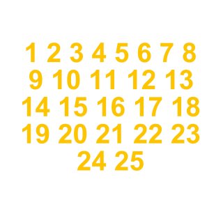 Selbstklebende fortlaufende Klebezahlen Zahlenaufkleber Aufkleber Zahlen wetterfest: 1 bis 25 (5 cm hoch, in gelb)