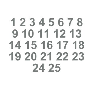 Selbstklebende fortlaufende Klebezahlen Zahlenaufkleber Aufkleber Zahlen wetterfest: 1 bis 25 (1 cm hoch, in grau)