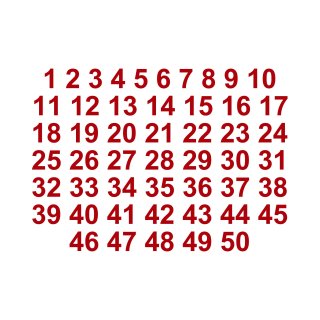 Selbstklebende fortlaufende Klebezahlen Zahlenaufkleber Aufkleber Zahlen wetterfest: 1 bis 50 (9 cm hoch, in rot)