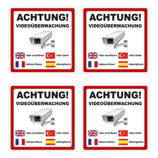 Videoüberwachung Aufkleber – Mehrsprachiger, wetterfester Sticker für Innen & Außen (20 cm 4 Stück)