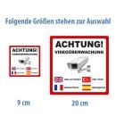 Videoüberwachung Aufkleber – Mehrsprachiger, wetterfester Sticker für Innen & Außen (20 cm 4 Stück)