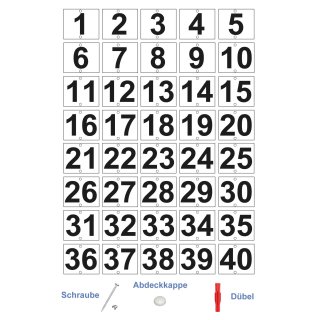 Zahlenschilder Set 1 bis 40 – wetterfeste Hausnummernschilder oder Türschilder (gelocht & Kit)