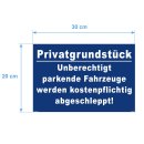 Privatgrundstück Schild - Unberechtigt Parkende werden abgeschleppt (20x30 cm)