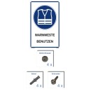 Hinweisschild - Warnweste benutzen - 30 x 45 cm gelocht & Kit Sicherheitsweste Schutzweste Arbeitsweste Warnjacke Werkstatt