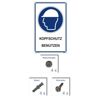 Hinweisschild Baustelle - Kopfschutz benutzen - 30 x 45 cm gelocht & Kit Schutzhelm Bauhelm blau Baustellen Arbeit