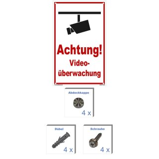 Schild Videoüberwachung - Achtung! - Warnhinweis 30 x 45 cm gelocht & Kit