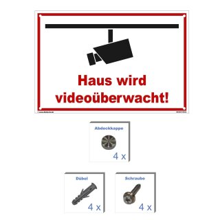 Schild Videoüberwachung - Haus - Warnhinweis 20 x 30 cm gelocht & Kit