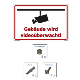 Schild Videoüberwachung - Gebäude - Warnhinweis 20 x 30 cm gelocht & Kit