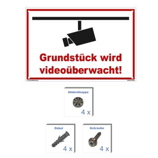 Schild Videoüberwachung - Grundstück - Warnhinweis 30 x 45 cm gelocht & Kit