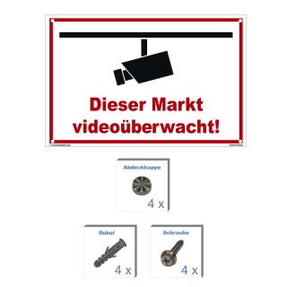 Schild Videoüberwachung - Dieser Markt - Warnhinweis 40 x 60 cm gelocht & Kit