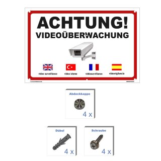Schild Videoüberwachung - Achtung! Videoüberwacht - Warnhinweis 30 x 45 cm gelocht & Kit