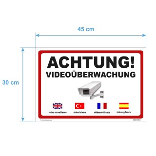 Schild Videoüberwachung - Achtung! Videoüberwacht - Warnhinweis 30 x 45 cm gelocht & Kit