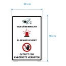 Schild Videoüberwachung - Videoüberwacht, Alarmgesichert, Zutritt für Unbefugte verboten - Warnhinweis 20 x 30 cm gelocht