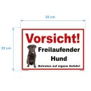 Schild Hund - Vorsicht! Freilaufender Hund Betreten auf eigene Gefahr - Warnhinweis 20 x 30 cm gelocht