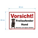 Schild Hund - Vorsicht! Freilaufender Hund Betreten auf eigene Gefahr - Warnhinweis 40 x 60 cm gelocht