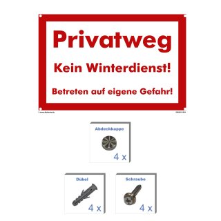 Privatweg Schild - kein Winterdienst betreten auf eigene Gefahr (40x60 cm gelocht & Kit)
