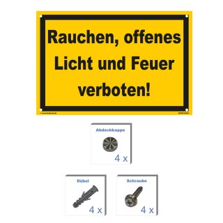 Rauchen verboten Schild – Feuer & Licht untersagt (20x30 cm gelocht & Kit)