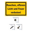 Verbotsschild Rauchverbot - Rauchen, offenes Licht und Feuer verboten! - Warnhinweis 40 x 60 cm gelocht & Kit
