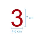 10 Klebezahlen selbstklebend wetterfest: „3“ ( 7 cm hoch, in rot)